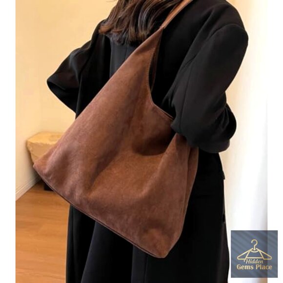 Large Slouchy Suede Hobo Tote Shoulder Bag with Top Handle - Picture 2 of 7